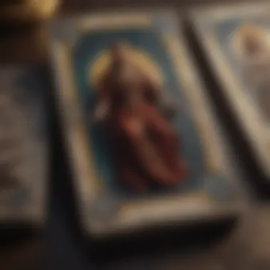 A close-up view of tarot cards featuring symbolic imagery