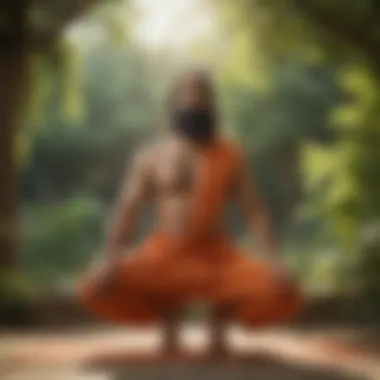 Baba Ramdev demonstrating yoga poses in a serene outdoor setting