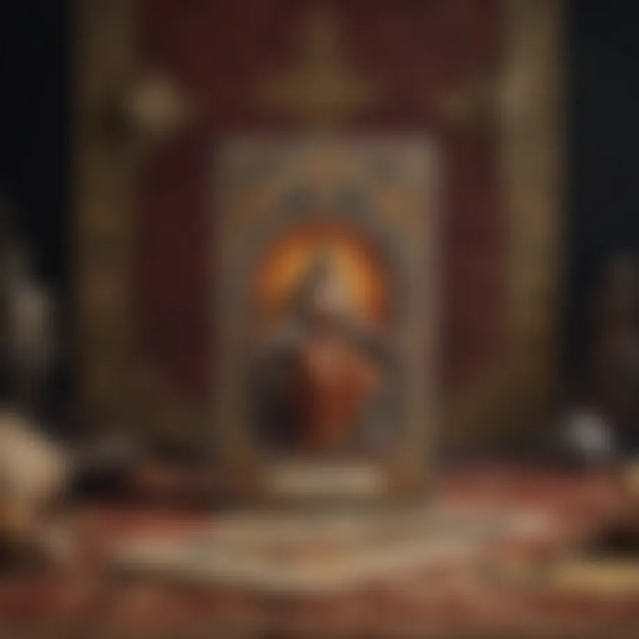 A beautifully arranged tarot card spread with an ornate cloth background.