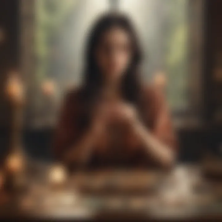 An individual thoughtfully studying tarot cards, immersed in contemplation.