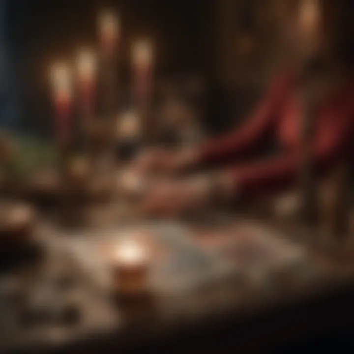 A serene tarot reading setup with candles and crystals, reflecting the Cancer's nurturing essence.