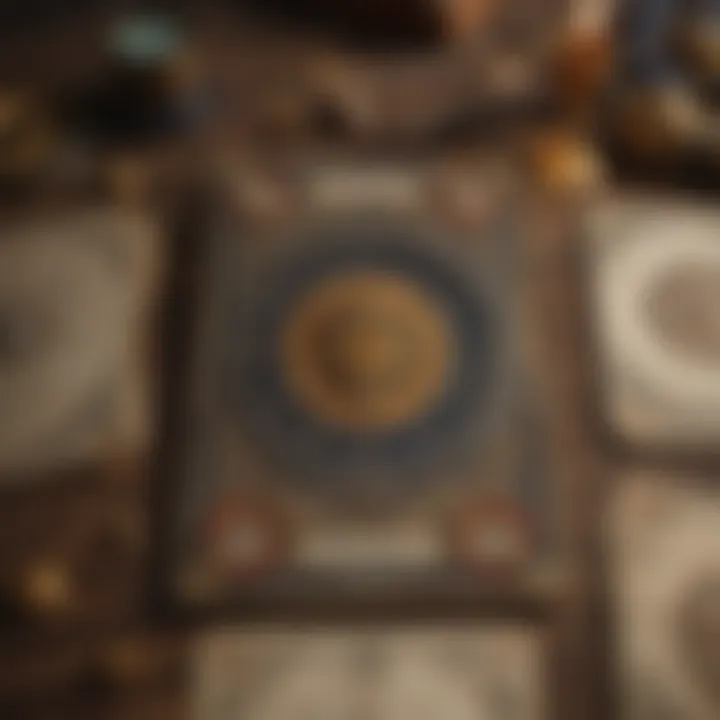 A vintage tarot deck laid out beside astrological charts and symbols.