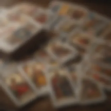 A close-up view of individual tarot cards, each depicting unique meanings related to relationships and love.