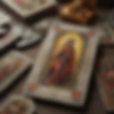 A close-up of tarot cards displaying rich, symbolic artwork with diverse color palettes.