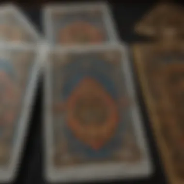 Close-up of tarot cards depicting intricate designs