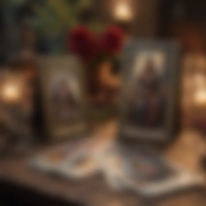 Tarot cards spread on a beautifully decorated table, symbolizing love and relationships.