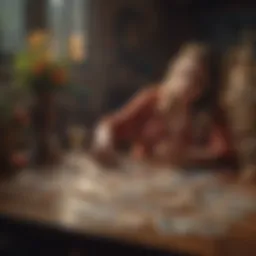 An intricate tarot spread featuring cards related to love and relationships