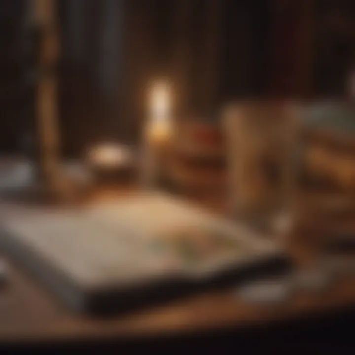An open book on tarot interpretations with a candle beside it