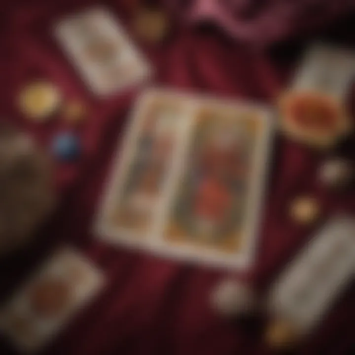 A tarot card spread laid out on a velvet cloth, focusing on love and relationships.