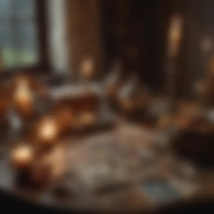 Tarot reading setup with candles and crystals