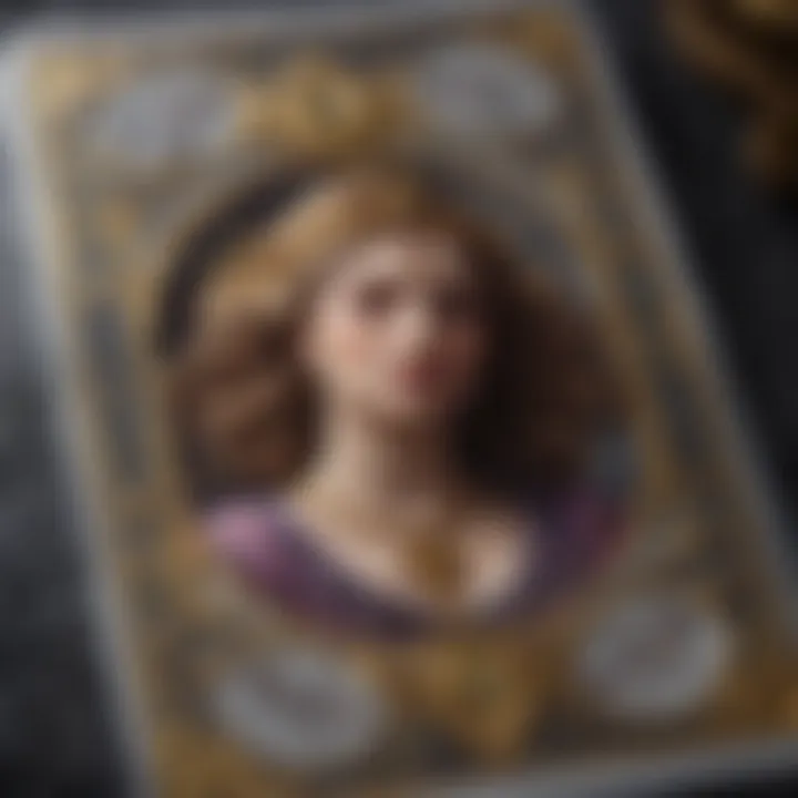 Close-up of a plastic tarot card illustrating intricate artwork