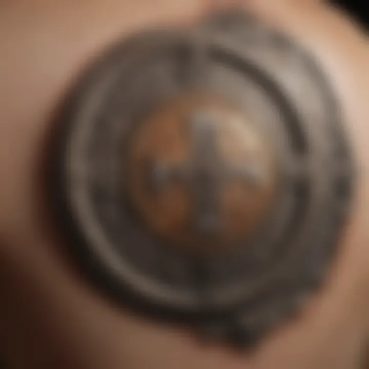 A close-up of a tattoo featuring the eight coins symbol.