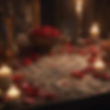 A mystical tarot reading setup featuring candles and rose petals for a romantic ambiance