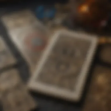 Close-up of tarot cards with symbols and meanings