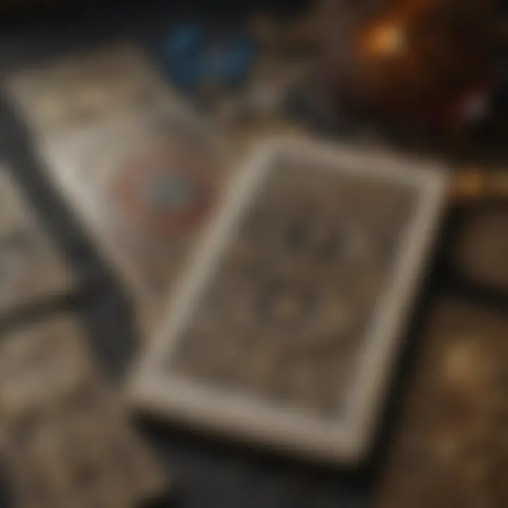 Close-up of tarot cards with symbols and meanings