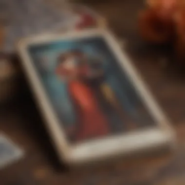 Close-up of a tarot card featuring the Lovers