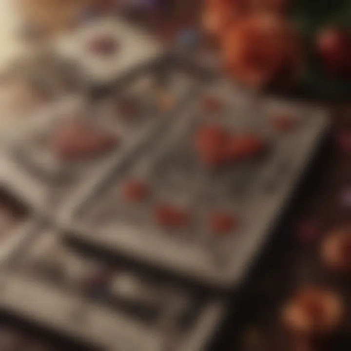 Close-up of tarot cards featuring hearts and symbols of romance