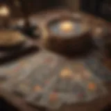 A tarot deck spread out on a table with mystical symbols