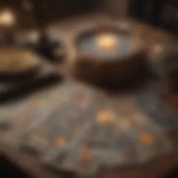 A tarot deck spread out on a table with mystical symbols