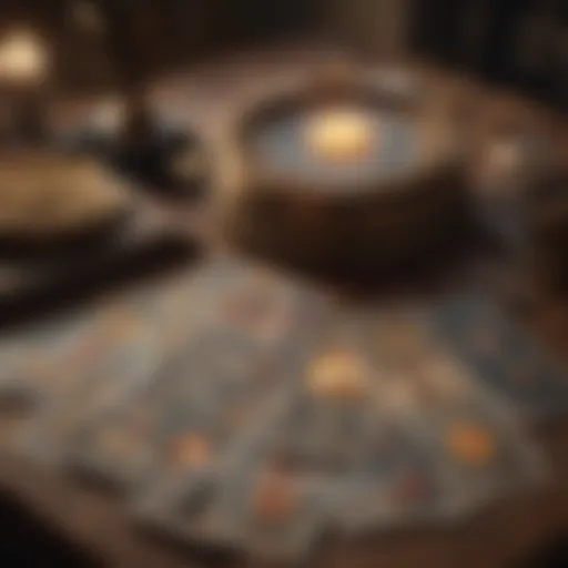 A tarot deck spread out on a table with mystical symbols