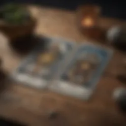 A mysterious tarot card spread laid out on a wooden table