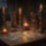 A vintage tarot deck surrounded by candles and crystals