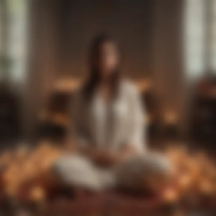 A serene setting with a person meditating and surrounded by candles