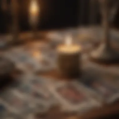 Tarot cards spread out with a candle flickering beside them