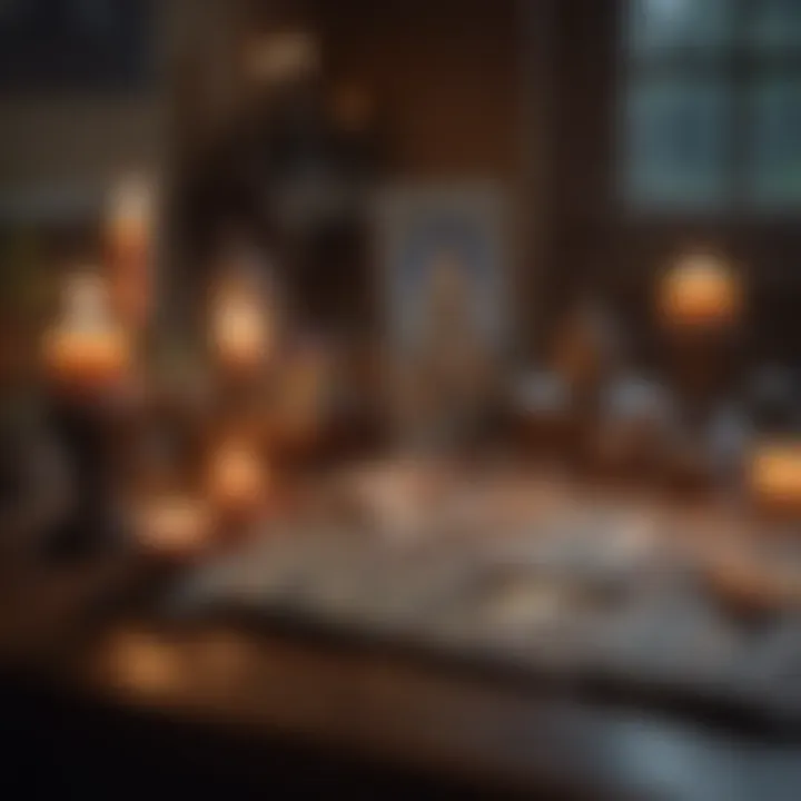 A serene reading space set up with candles, a tarot deck, and crystals, creating an inviting atmosphere.