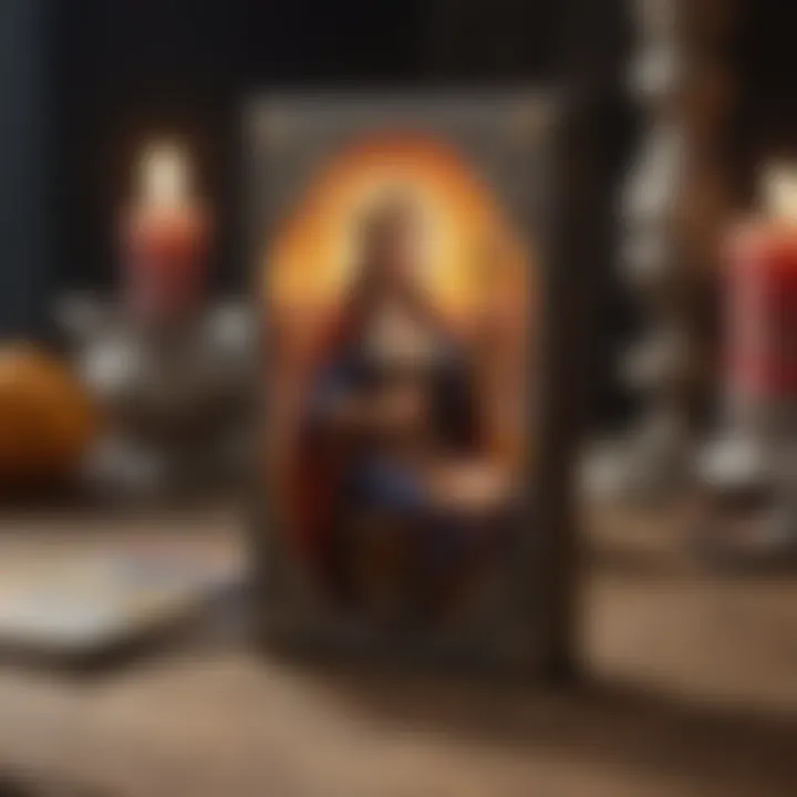 An intricate tarot deck displayed on a wooden table, showcasing vibrant artwork and symbolism.