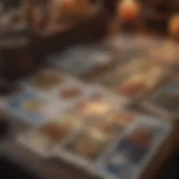 A close-up of tarot cards spread on a table with astrological symbols in the background