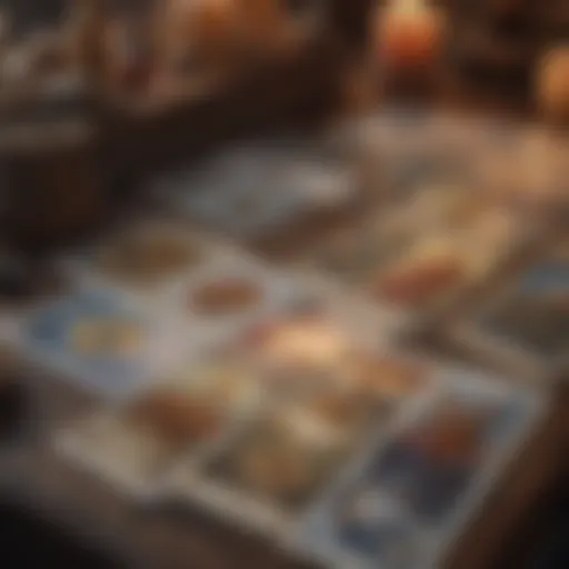 A close-up of tarot cards spread on a table with astrological symbols in the background