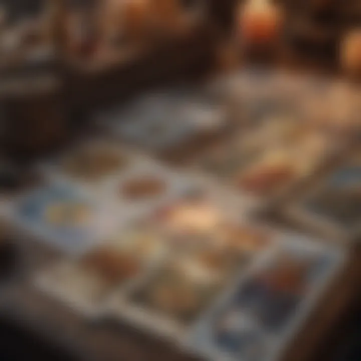 A close-up of tarot cards spread on a table with astrological symbols in the background