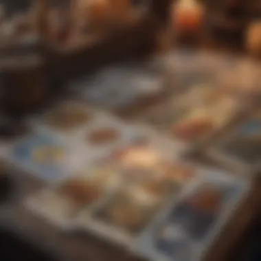 Tarot Cards and Astrology A close-up of tarot cards spread on a table with astrological symbols in the background