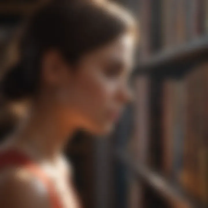 A person gazing thoughtfully at a bookshelf, reflecting on their personal growth through reading.