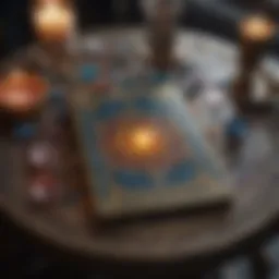 An ornate tarot deck spread on a mystical table adorned with crystals
