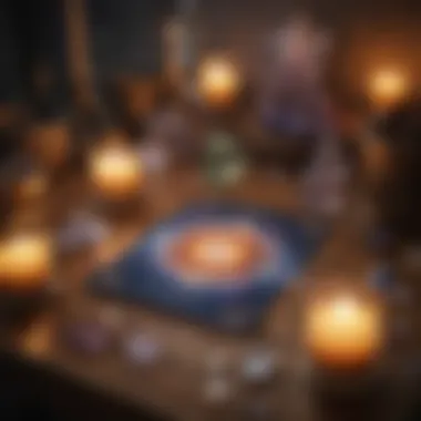 Oracle Card Spread with Crystals An oracle card spread on a wooden table, surrounded by crystals and candles for a mystical ambiance.