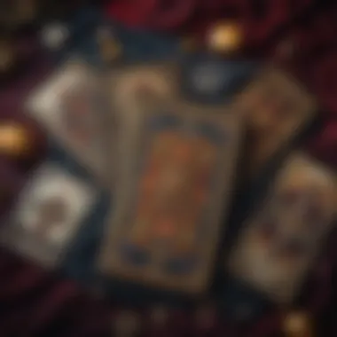Diverse Tarot Card Designs A collection of tarot cards displayed on a velvet cloth, showcasing intricate designs and symbols.