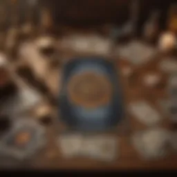 A mystic tarot card spread laid out on a table, showcasing the unique layout of the 'Will He Come Back' spread.