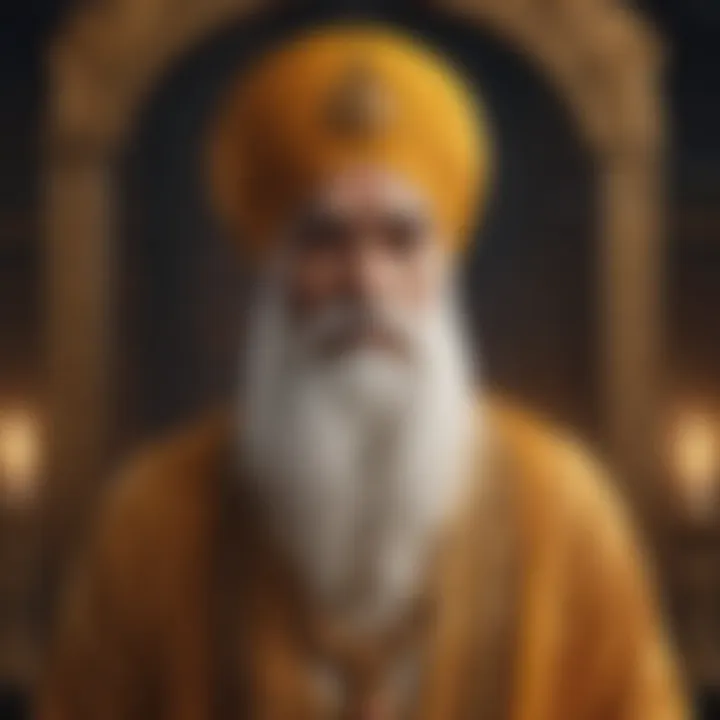 A historical depiction of Guru Nanak Dev Ji, the founder of Sikhism, alongside the Nanakshahi Calendar.