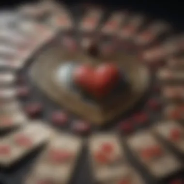 A close-up of tarot cards spread in a heart shape, representing love