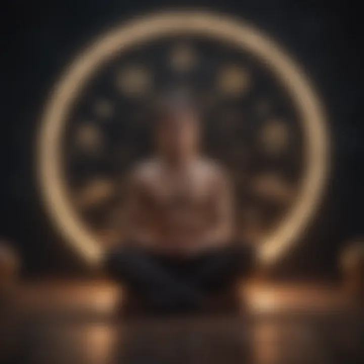 Person meditating with astrological symbols around