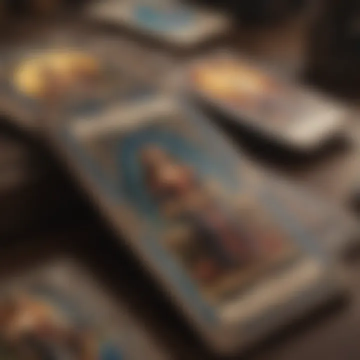 A close-up of specific tarot cards with their meanings written beside them