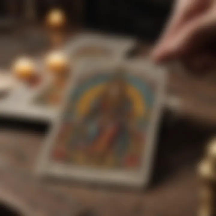 A close-up view of a tarot card being interpreted with focused intent