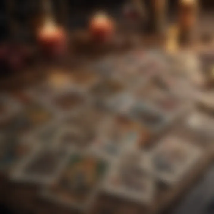 Close-up of tarot cards spread on a table