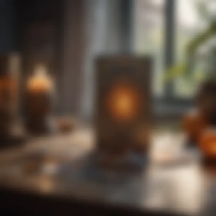 An individual meditating in a tranquil environment, with tarot cards placed beside them.