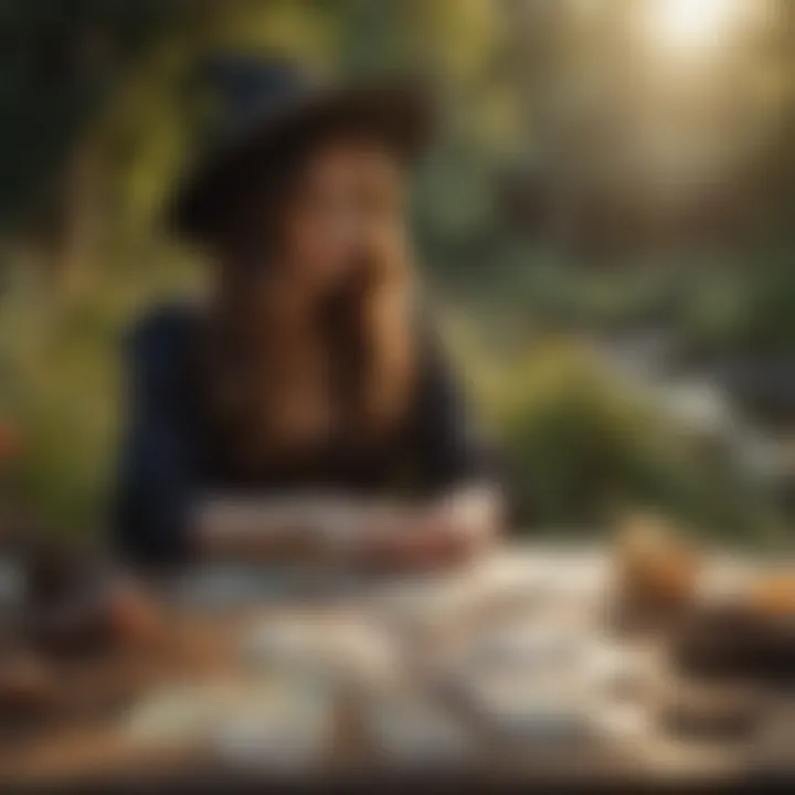 An individual reflecting deeply with tarot cards laid out in front, surrounded by nature