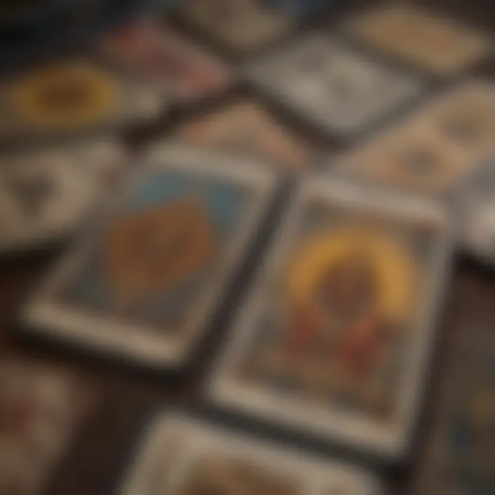 Close-up of tarot cards depicting love symbols and meanings