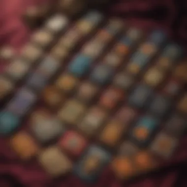 A collection of diverse psychic cards displayed elegantly on a velvet cloth, showcasing their intricate designs and colors.