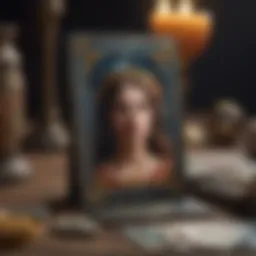 A detailed tarot card spread with rich symbolism